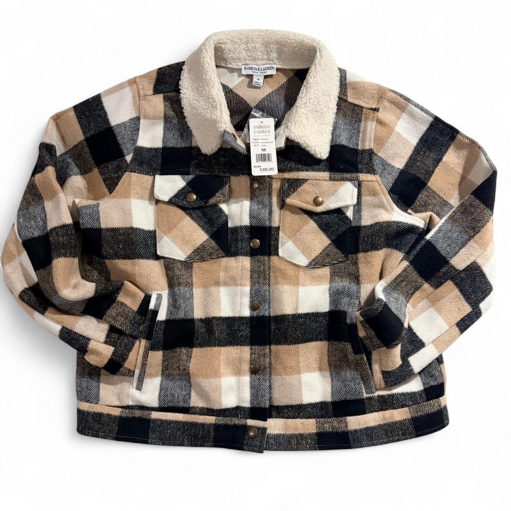 Sabrina Lauren Plaid Flannel Sherpa Lined Jacket Black Beige White Medium NWT